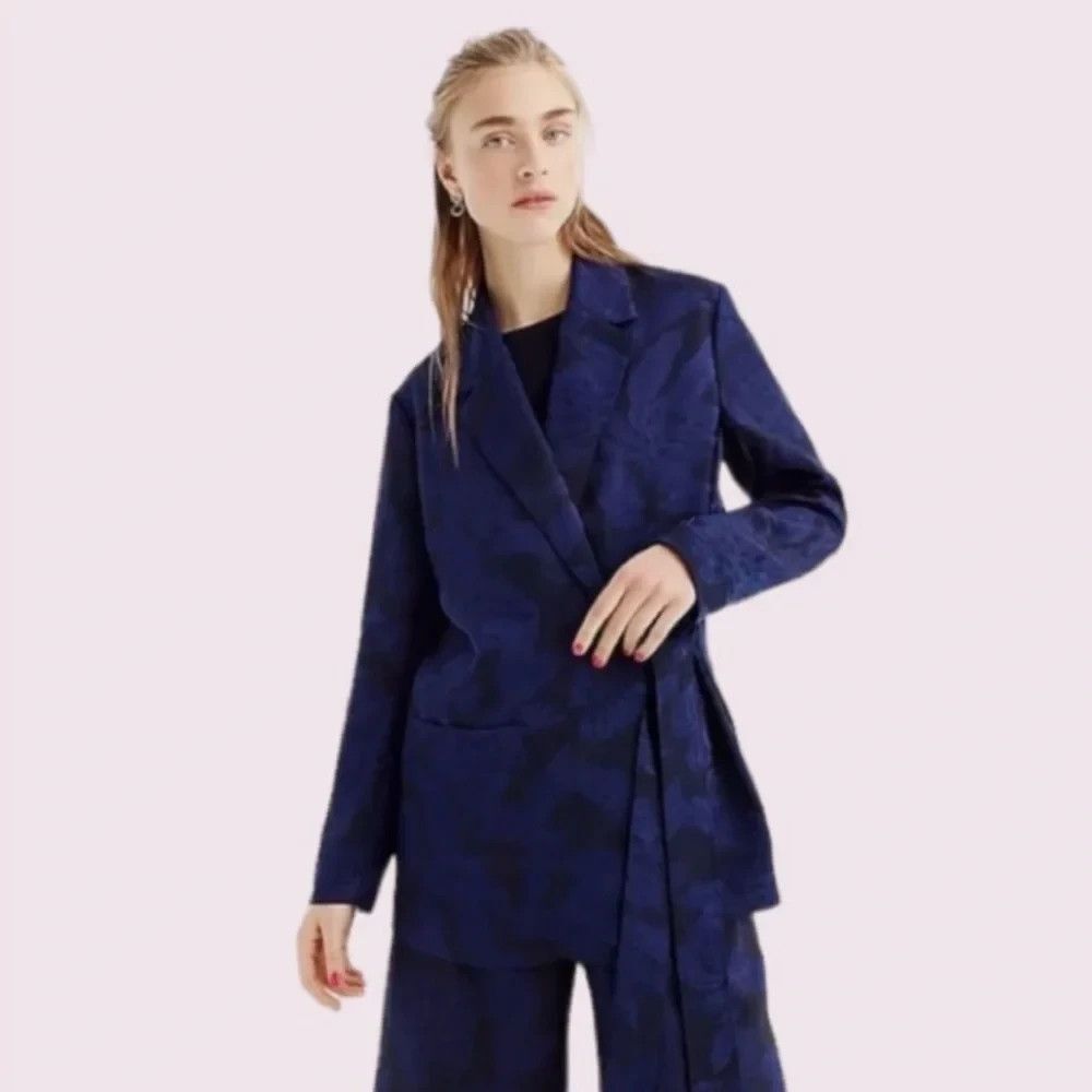 J Crew Collection Jacquard Blazer Front Tie Holiday Navy Blue NWT
